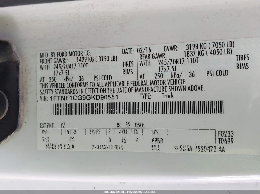 2016 Ford F-150 Xl VIN: 1FTNF1CG9GKD90551 Lot: 43752888
