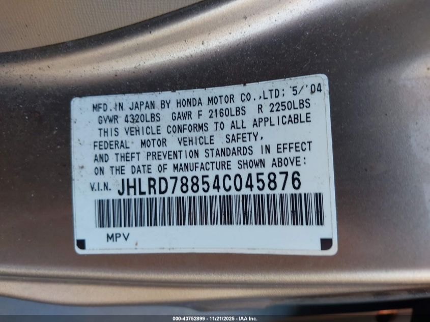 2004 Honda Cr-V Ex VIN: JHLRD78854C045876 Lot: 43752899