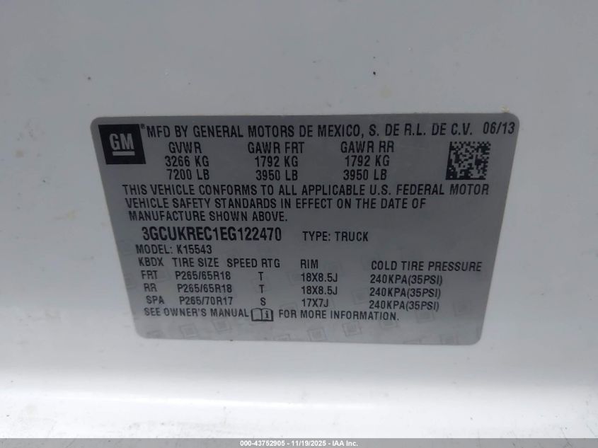 2014 Chevrolet Silverado 1500 2Lt VIN: 3GCUKREC1EG122470 Lot: 43752905