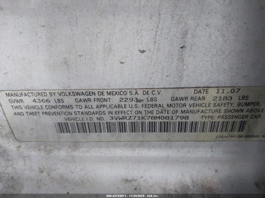2008 Volkswagen Jetta Se/Sel VIN: 3VWRZ71K78M081798 Lot: 43752911
