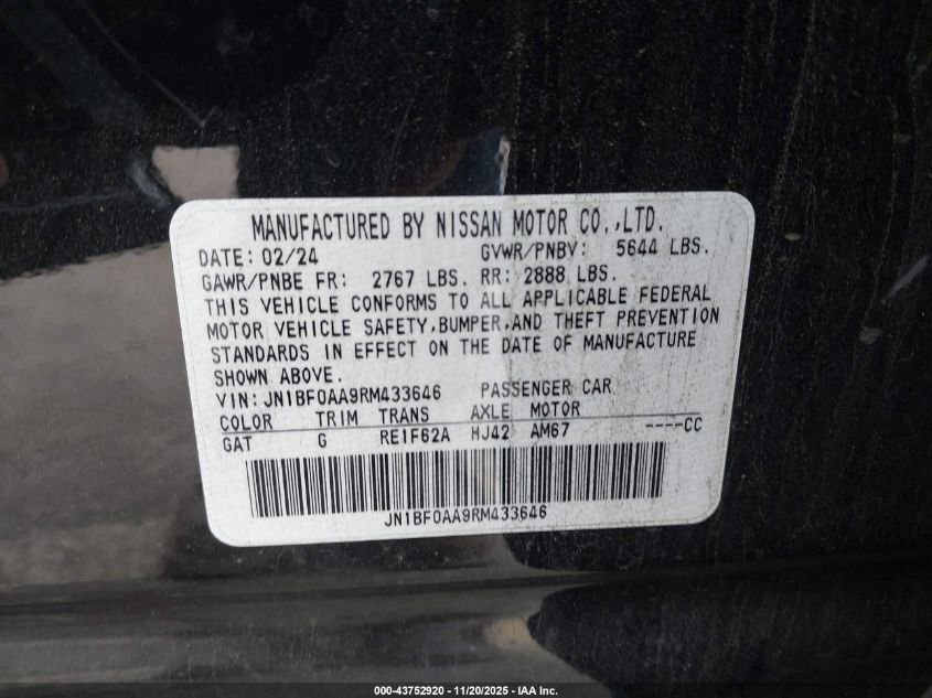 2024 Nissan Ariya Venture+ VIN: JN1BF0AA9RM433646 Lot: 43752920