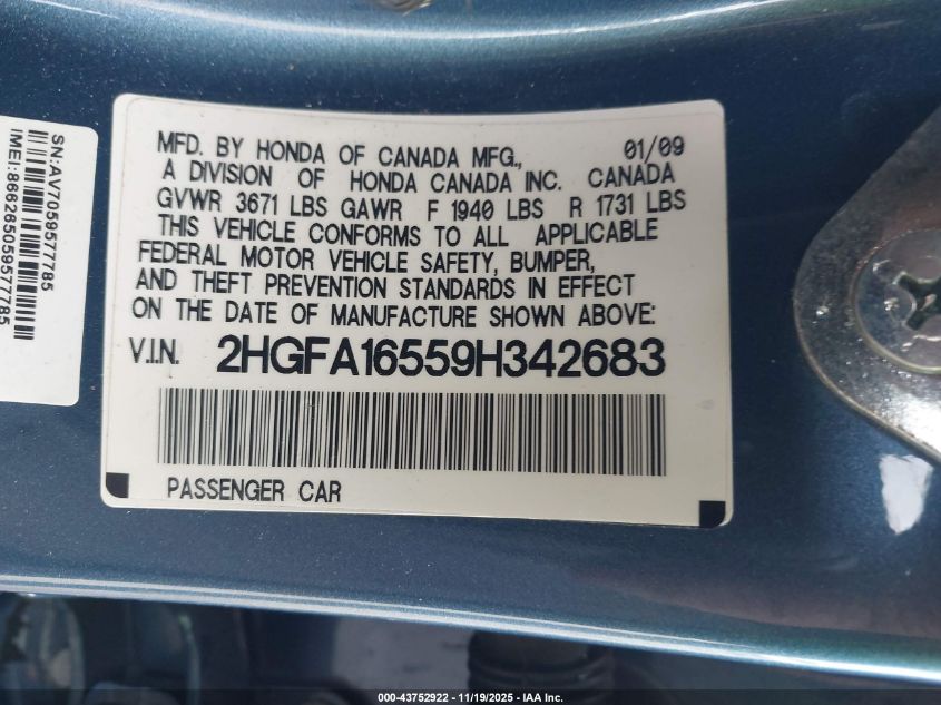 2009 Honda Civic Lx VIN: 2HGFA16559H342683 Lot: 43752922