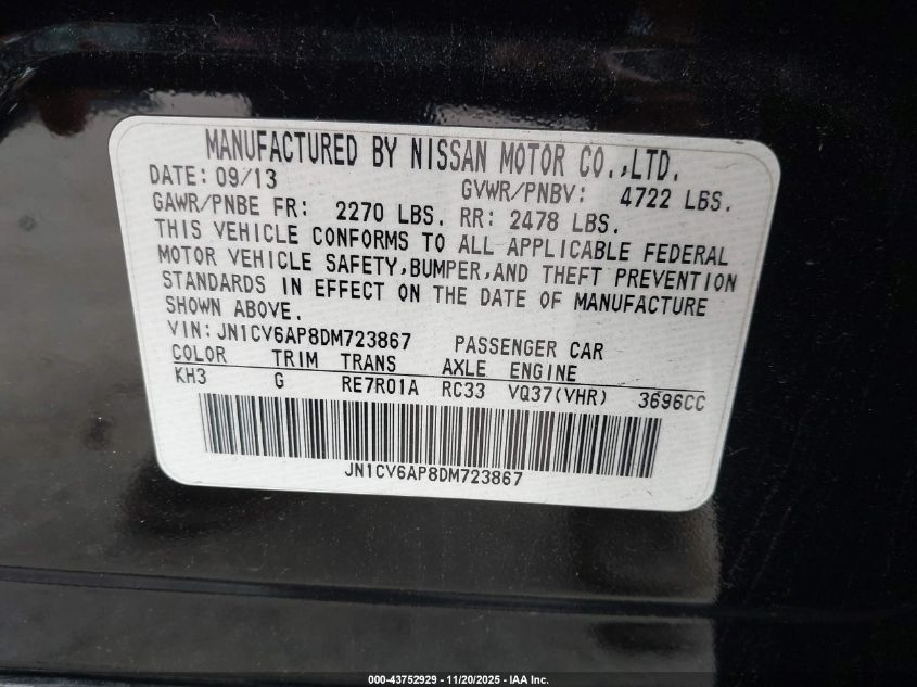 2013 Infiniti G37 Journey VIN: JN1CV6AP8DM723867 Lot: 43752929