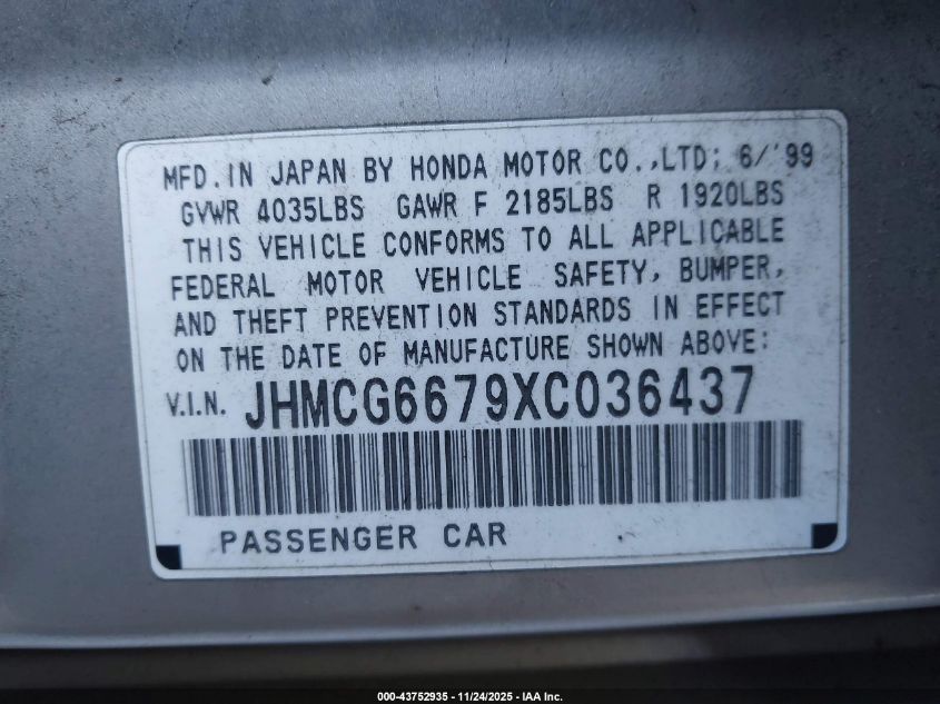 1999 Honda Accord Ex VIN: JHMCG6679XC036437 Lot: 43752935