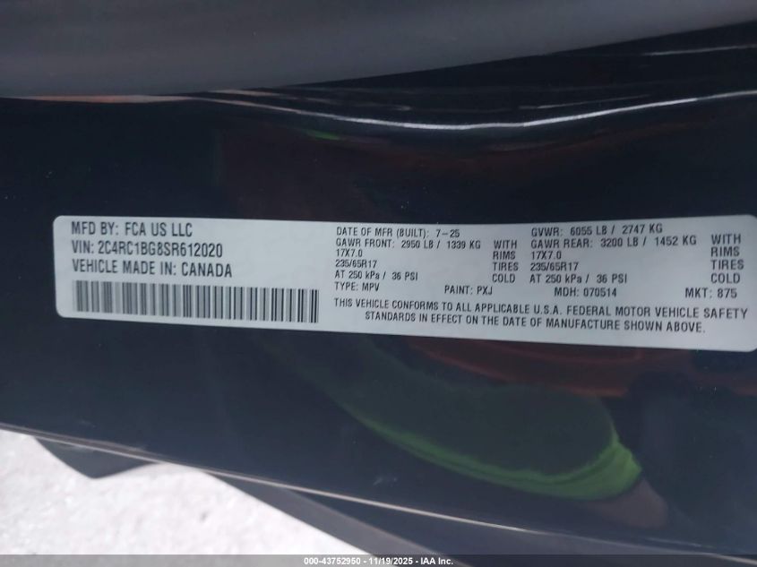 2025 Chrysler Pacifica Select VIN: 2C4RC1BG8SR612020 Lot: 43752950