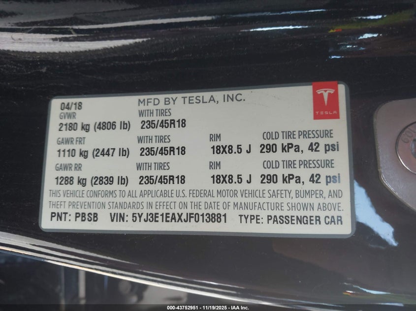 5YJ3E1EAXJF013881 2018 TESLA MODEL 3 photo no. 9