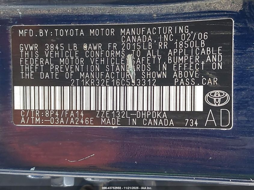 2006 Toyota Matrix VIN: 2T1KR32E16C593312 Lot: 43752958