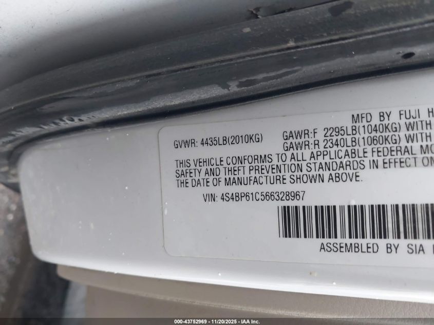 2006 Subaru Outback 2.5I VIN: 4S4BP61C566328967 Lot: 43752969