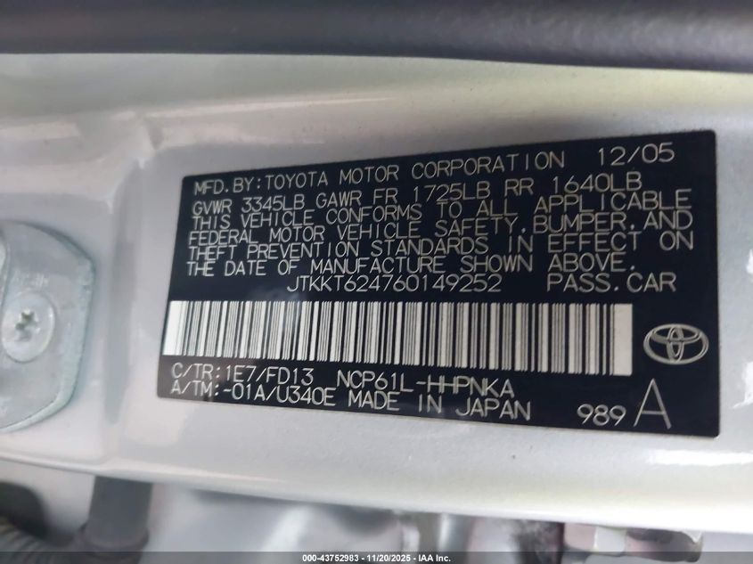 2006 Scion Xa VIN: JTKKT624760149252 Lot: 43752983