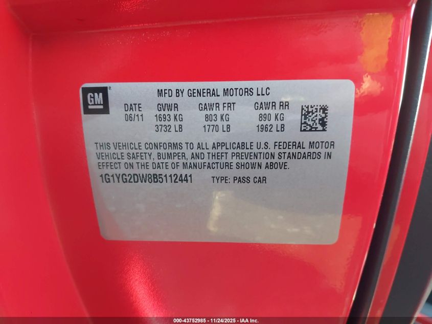 2011 Chevrolet Corvette VIN: 1G1YG2DW8B5112441 Lot: 43752985