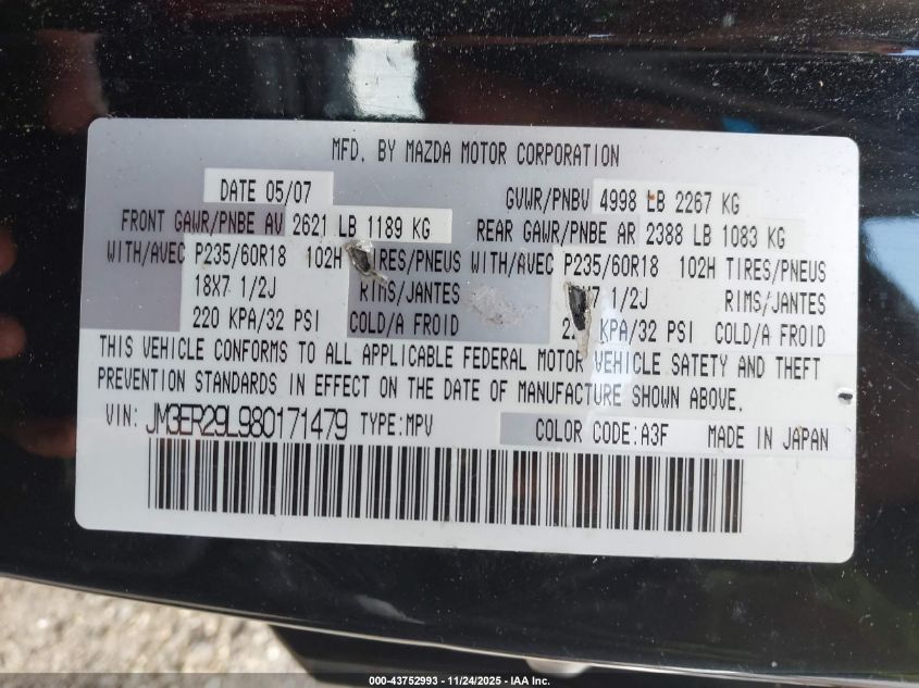 2008 Mazda Cx-7 Grand Touring VIN: JM3ER29L980171479 Lot: 43752993