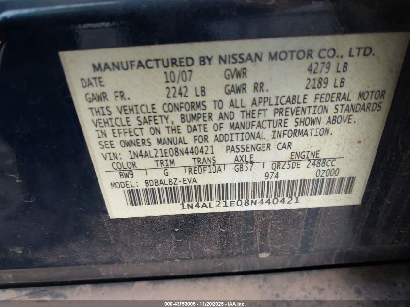 2008 Nissan Altima 2.5 S VIN: 1N4AL21E08N440421 Lot: 43753005