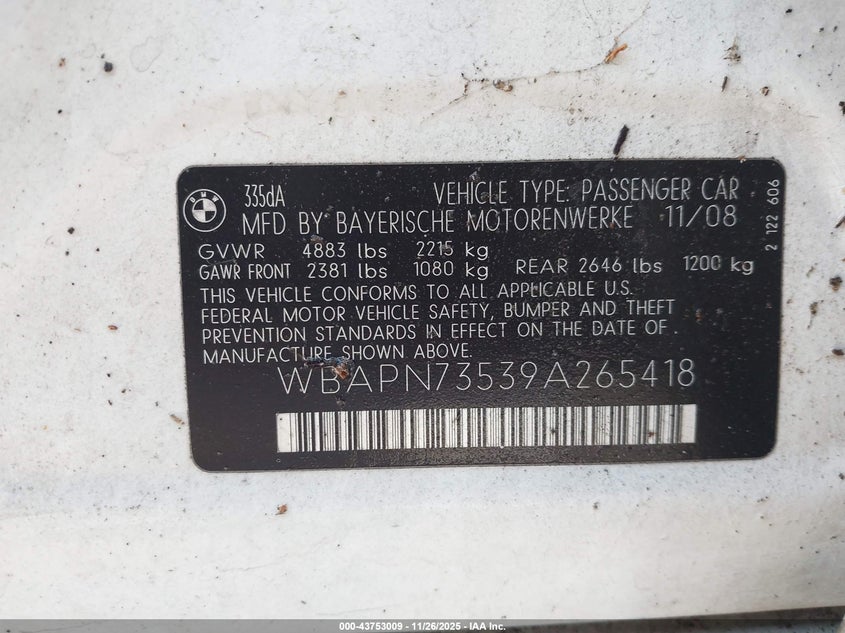 2009 BMW 335D VIN: WBAPN73539A265418 Lot: 43753009
