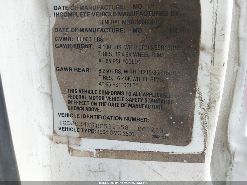 1994 GMC Sierra C3500 VIN: 1GDJC34N7RE532358 Lot: 43753012