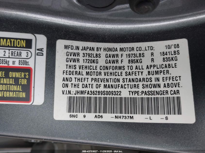 2009 Honda Civic Hybrid VIN: JHMFA36289S009322 Lot: 43753027