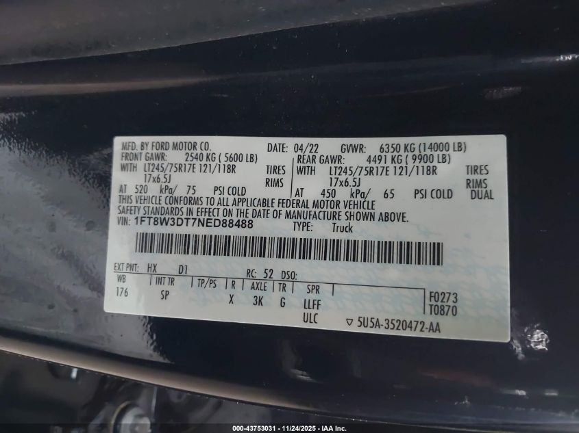 2022 Ford F-350 King Ranch VIN: 1FT8W3DT7NED88488 Lot: 43753031