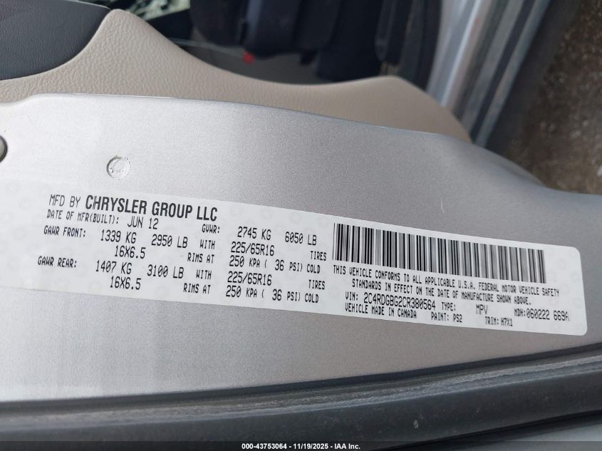 2012 Dodge Grand Caravan Se/Avp VIN: 2C4RDGBG2CR380564 Lot: 43753064