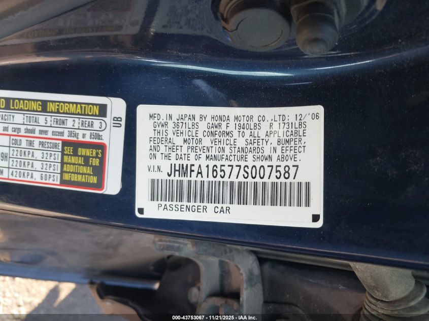 2007 Honda Civic Lx VIN: JHMFA16577S007587 Lot: 43753067