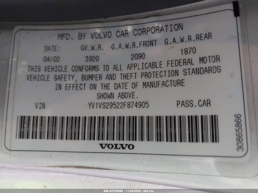 2002 Volvo S40 A VIN: YV1VS29522F874905 Lot: 43753068