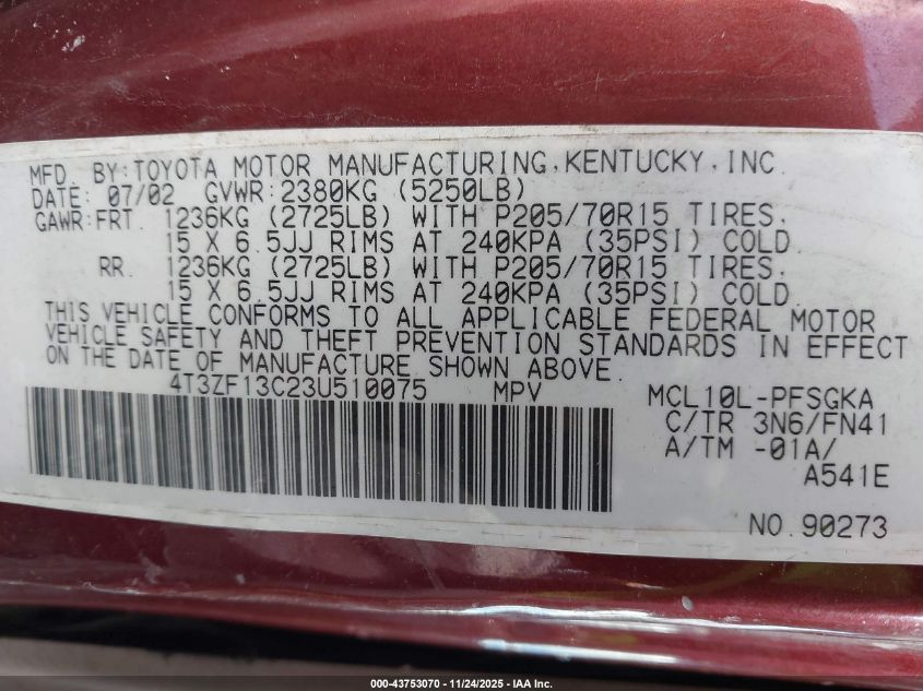 2003 Toyota Sienna Le VIN: 4T3ZF13C23U510075 Lot: 43753070