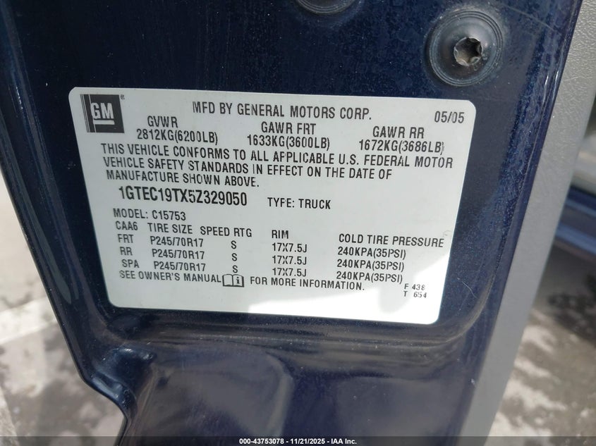 2005 GMC Sierra 1500 Sle VIN: 1GTEC19TX5Z329050 Lot: 43753078