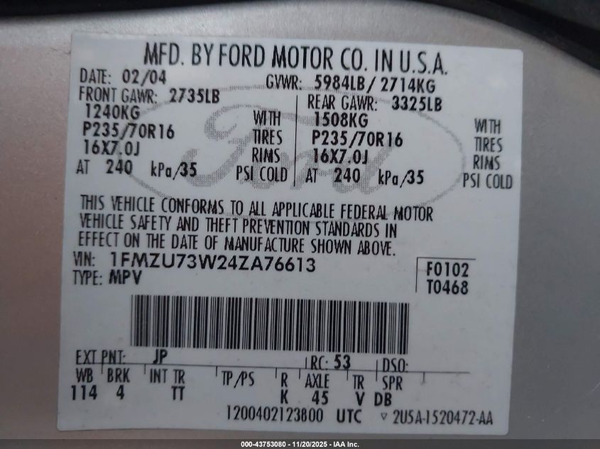 2004 Ford Explorer Nbx/Xlt VIN: 1FMZU73W24ZA76613 Lot: 43753080