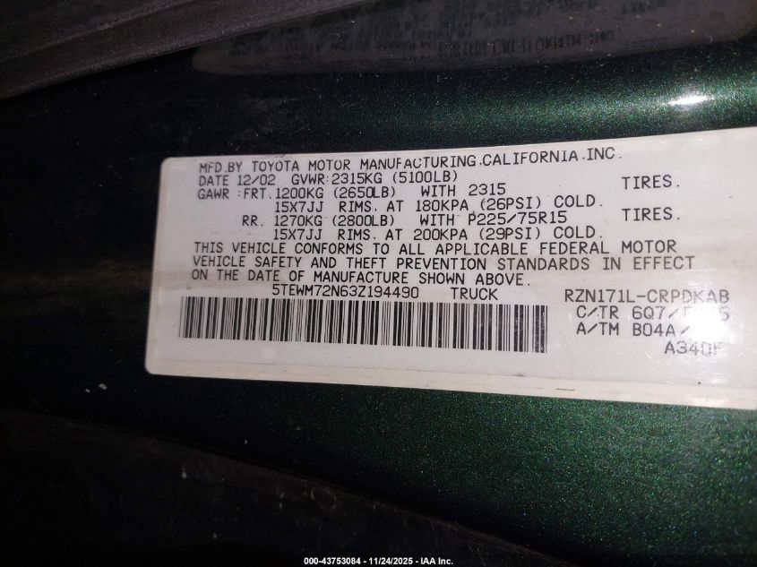 2003 Toyota Tacoma VIN: 5TEWM72N63Z194490 Lot: 43753084