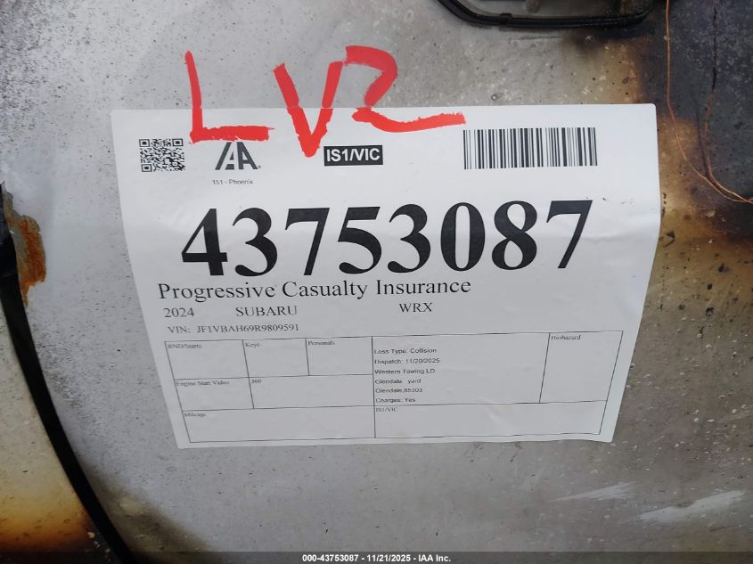 2024 Subaru Wrx Premium VIN: JF1VBAH69R9809591 Lot: 43753087