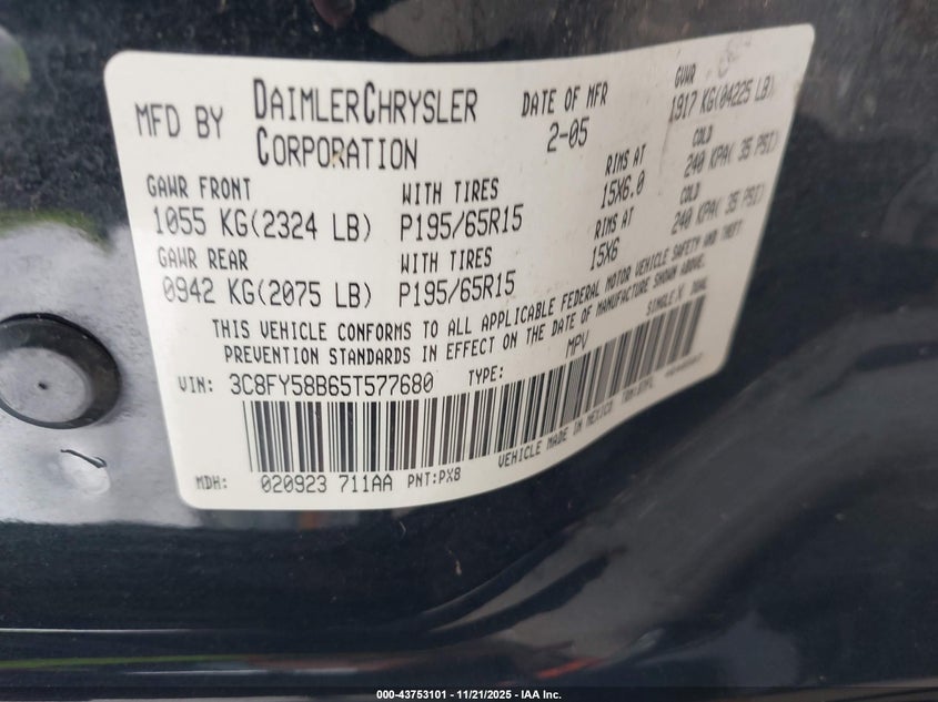 2005 Chrysler Pt Cruiser Touring VIN: 3C8FY58B65T577680 Lot: 43753101