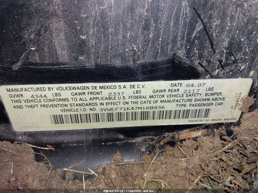 2007 Volkswagen Jetta Wolfsburg Edition VIN: 3VWEF71K47M168936 Lot: 43753115