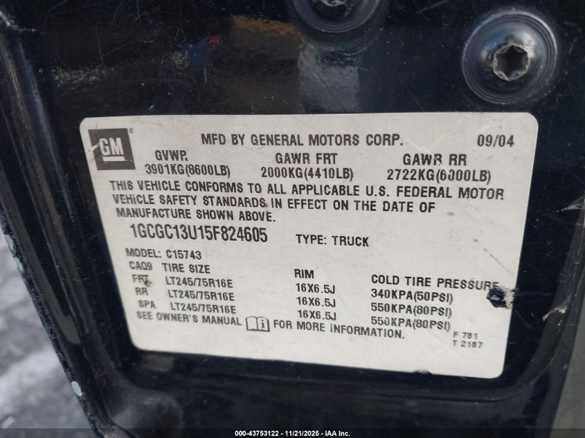 2005 Chevrolet Silverado 1500Hd Ls VIN: 1GCGC13U15F824605 Lot: 43753122