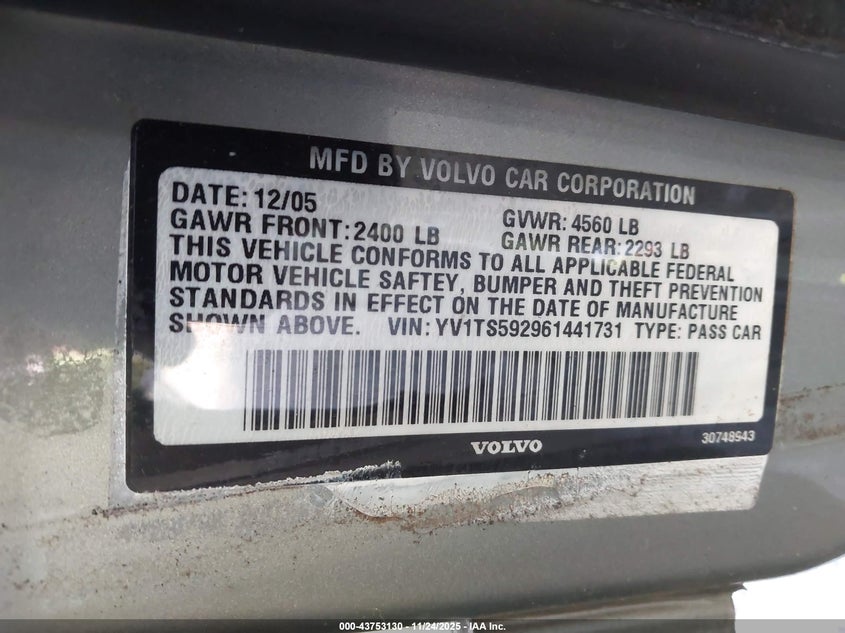 2006 Volvo S80 2.5T VIN: YV1TS592961441731 Lot: 43753130