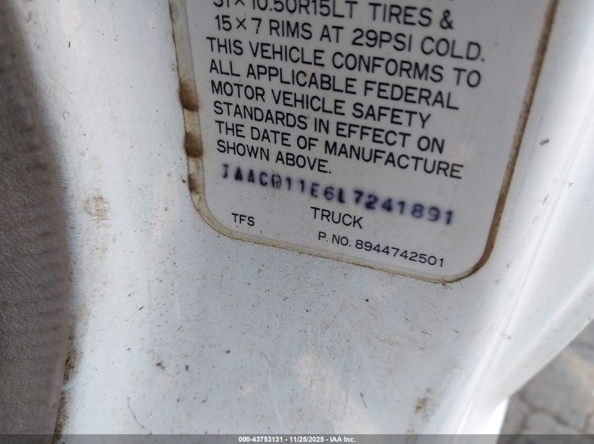 1990 Isuzu Conventional Short Bed VIN: JAACR11E6L7241891 Lot: 43753131