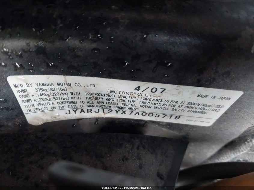 2007 Yamaha Yzfr6 L VIN: JYARJ12YX7A005719 Lot: 43753135