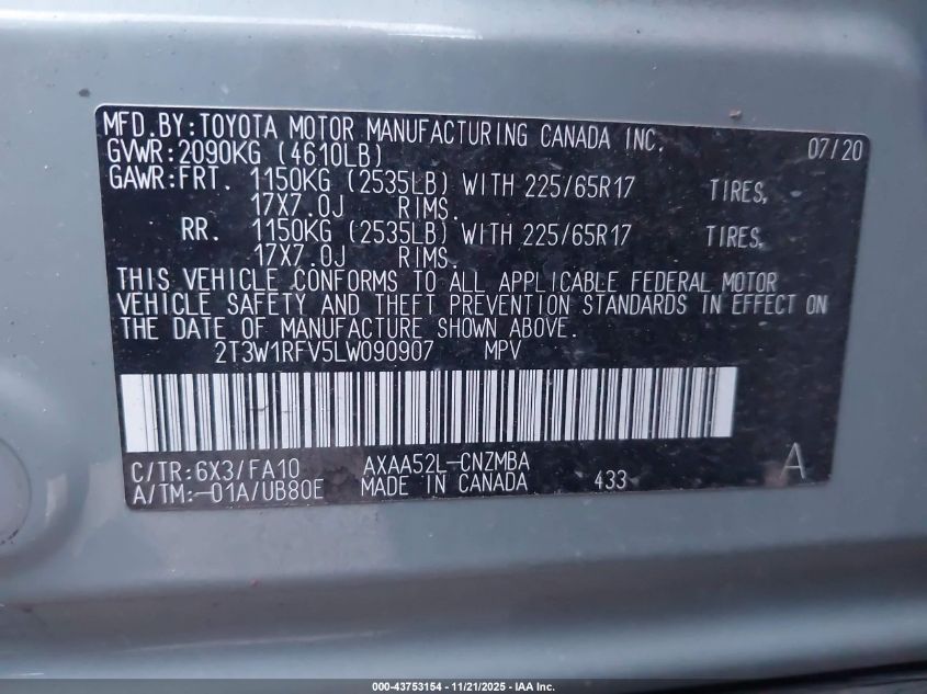 2020 Toyota Rav4 Xle VIN: 2T3W1RFV5LW090907 Lot: 43753154