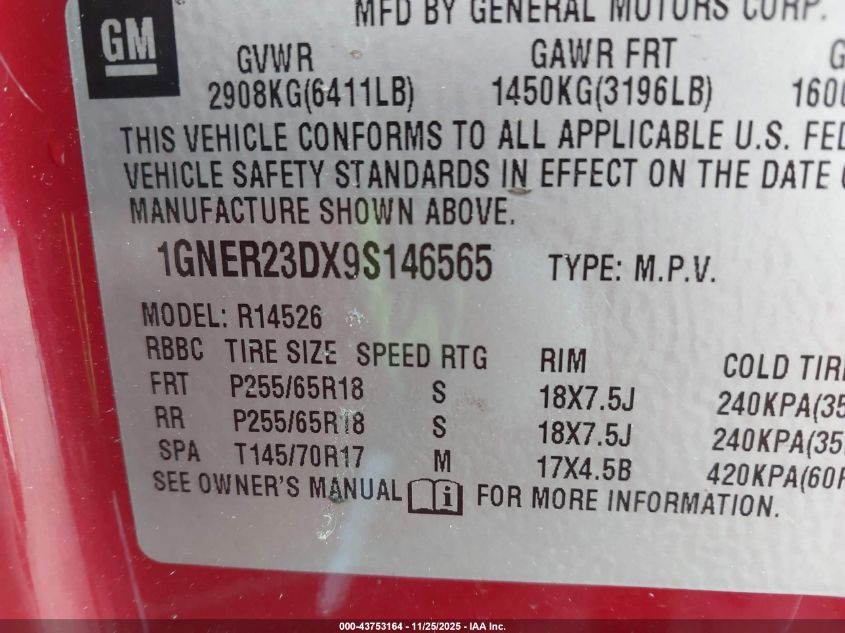 2009 Chevrolet Traverse Lt VIN: 1GNER23DX9S146565 Lot: 43753164