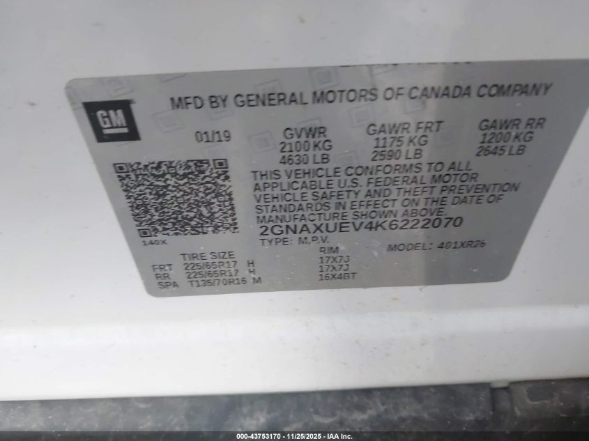 2019 Chevrolet Equinox Lt VIN: 2GNAXUEV4K6222070 Lot: 43753170