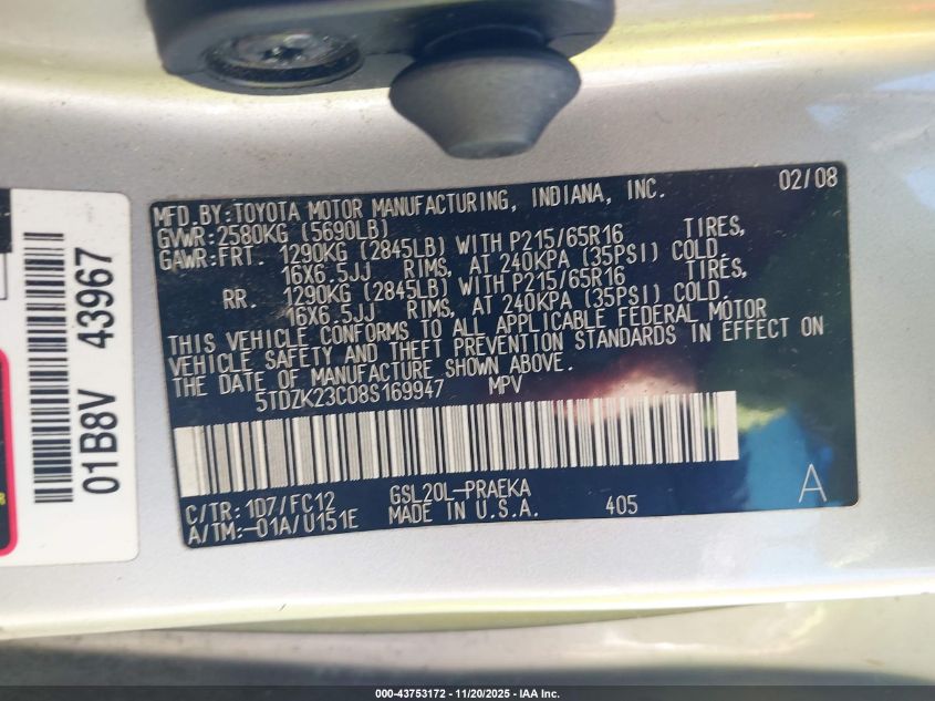 2008 Toyota Sienna Le VIN: 5TDZK23C08S169947 Lot: 43753172