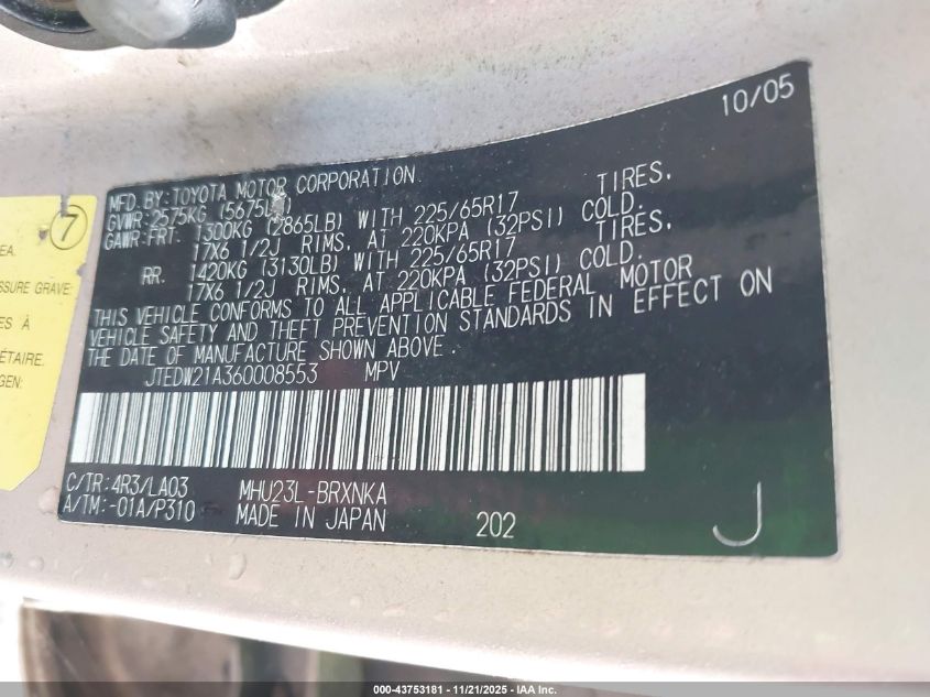 2006 Toyota Highlander Hybrid VIN: JTEDW21A360008553 Lot: 43753181