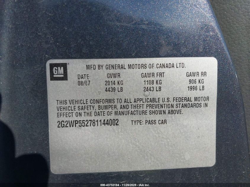 2008 Pontiac Grand Prix VIN: 2G2WP552781144002 Lot: 43753184