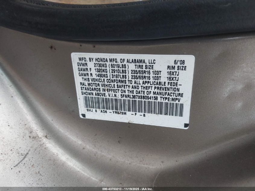 2008 Honda Odyssey Ex-L VIN: 5FNRL387X8B094158 Lot: 43753213