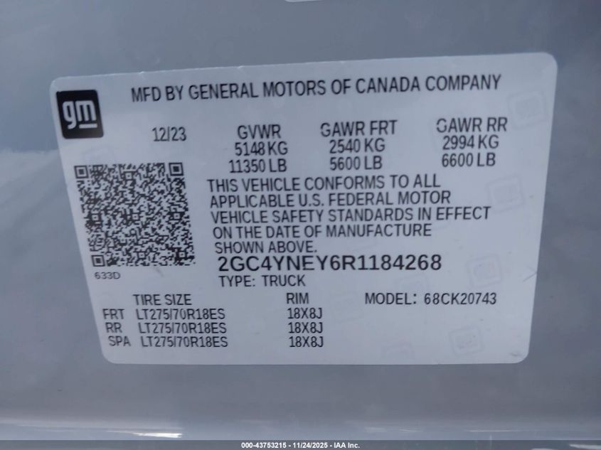 2024 Chevrolet Silverado 2500Hd 4Wd Standard Bed Lt VIN: 2GC4YNEY6R1184268 Lot: 43753215