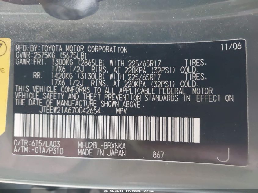 2007 Toyota Highlander Hybrid Limited V6 VIN: JTEEW21A670042654 Lot: 43753218