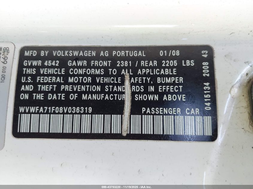 2008 Volkswagen Eos Lux VIN: WVWFA71F08V036319 Lot: 43753220