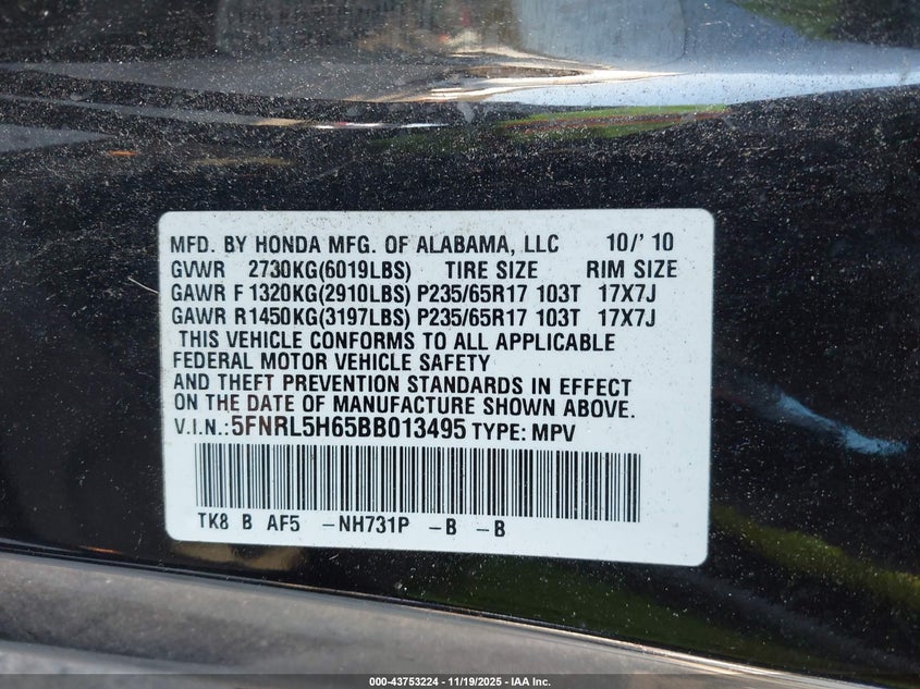 2011 Honda Odyssey Ex-L VIN: 5FNRL5H65BB013495 Lot: 43753224