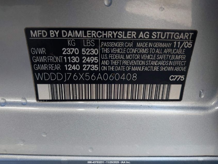 2006 Mercedes-Benz Cls 55 Amg VIN: WDDDJ76X56A060408 Lot: 43753231