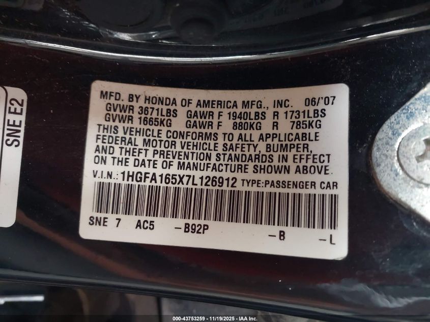 2007 Honda Civic Lx VIN: 1HGFA165X7L126912 Lot: 43753259