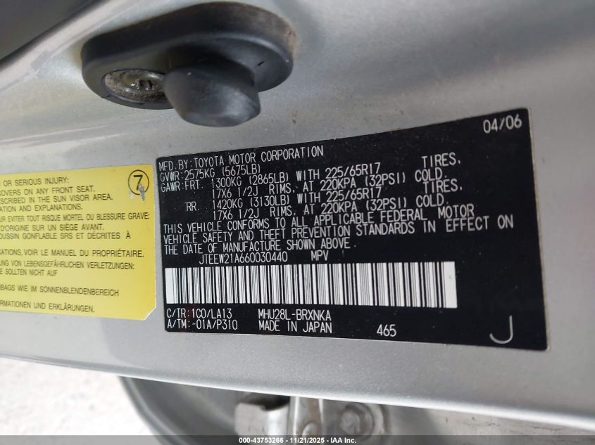 2006 Toyota Highlander Hybrid Limited V6 VIN: JTEEW21A660030440 Lot: 43753266