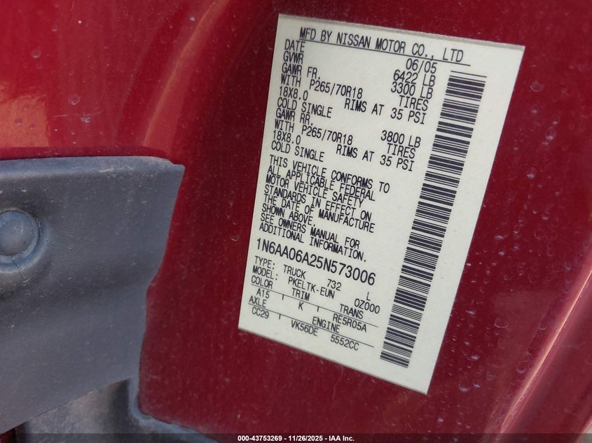 2005 Nissan Titan Se VIN: 1N6AA06A25N573006 Lot: 43753269