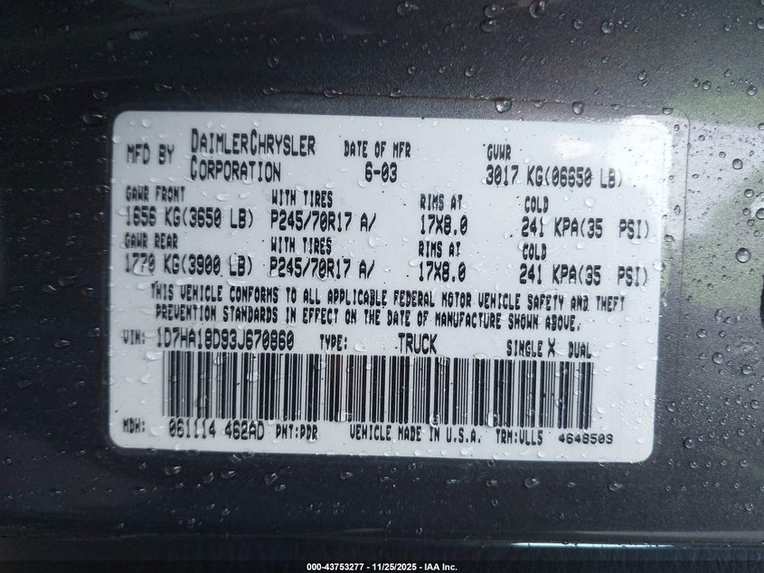 2003 Dodge Ram 1500 Slt/Laramie/St VIN: 1D7HA18D93J670860 Lot: 43753277